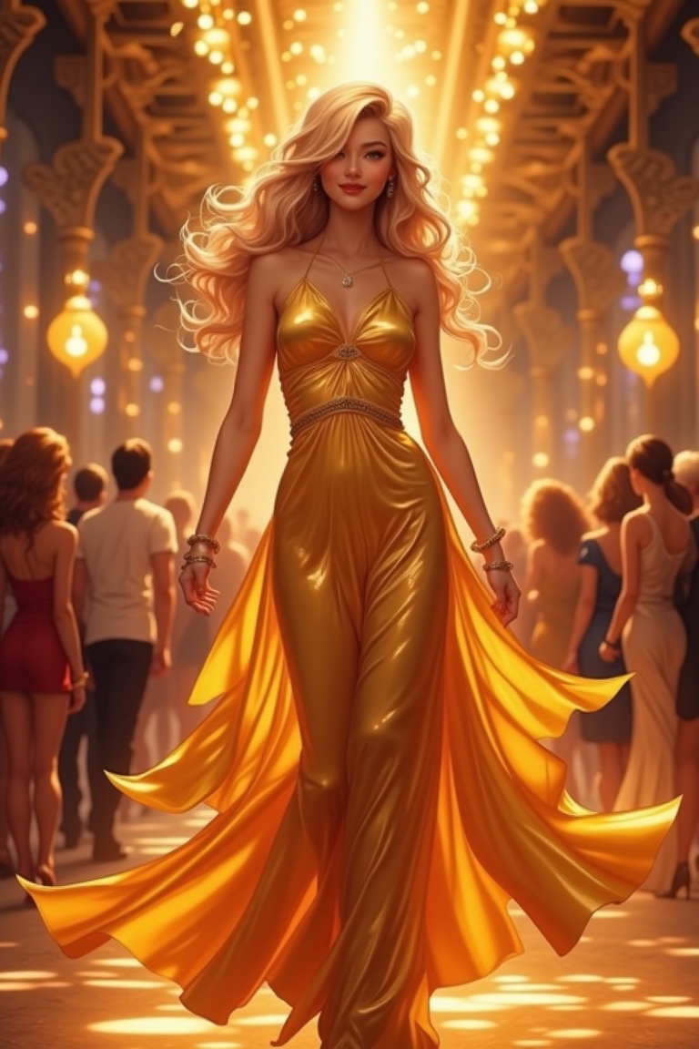 Beautiful woman wearing gold dress in party,  happy vibes,  anime style on Tensor.Art