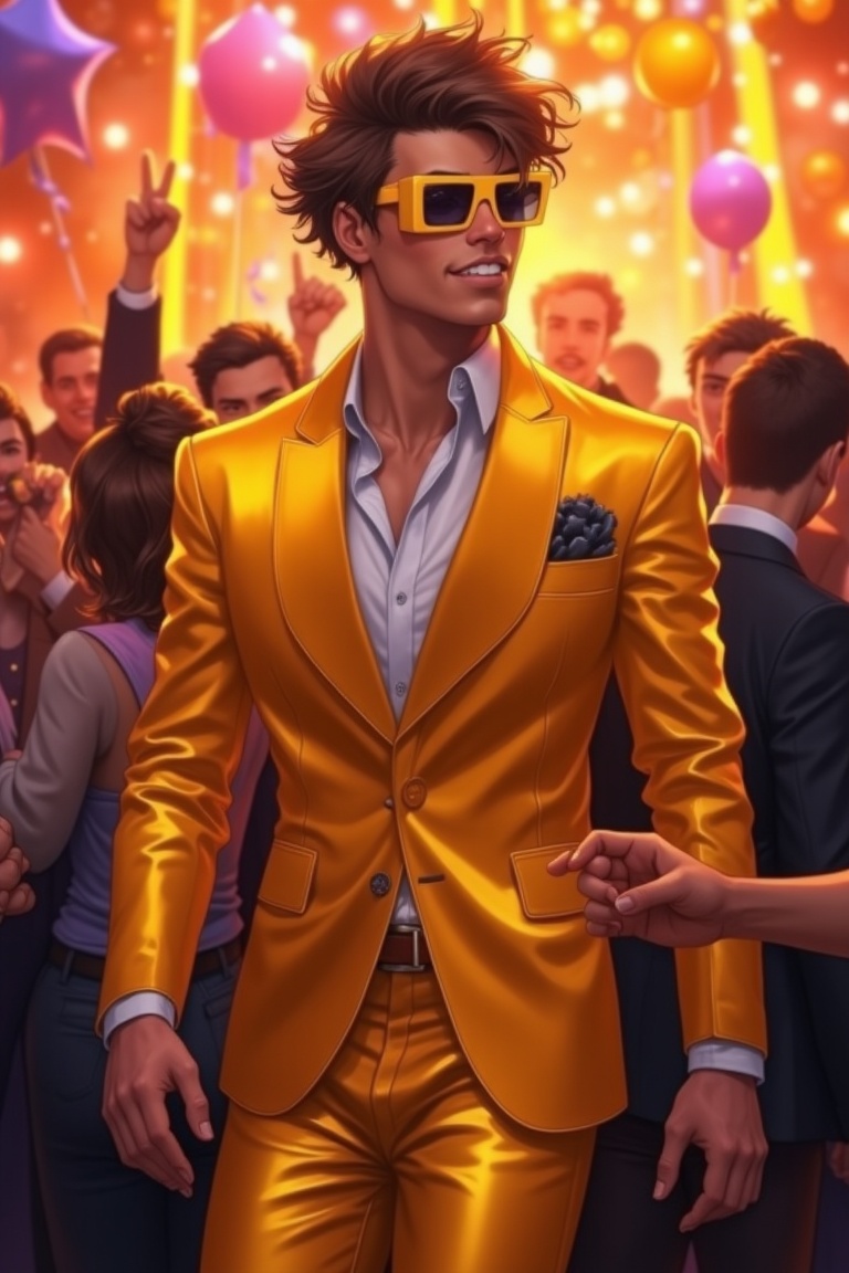Handsome man wearing gold suit,  in party,  happy vibes on Tensor.Art