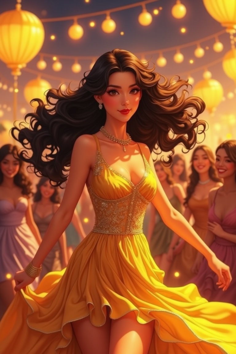 Beautiful woman wearing gold dress in party,  happy vibes,  anime style on Tensor.Art
