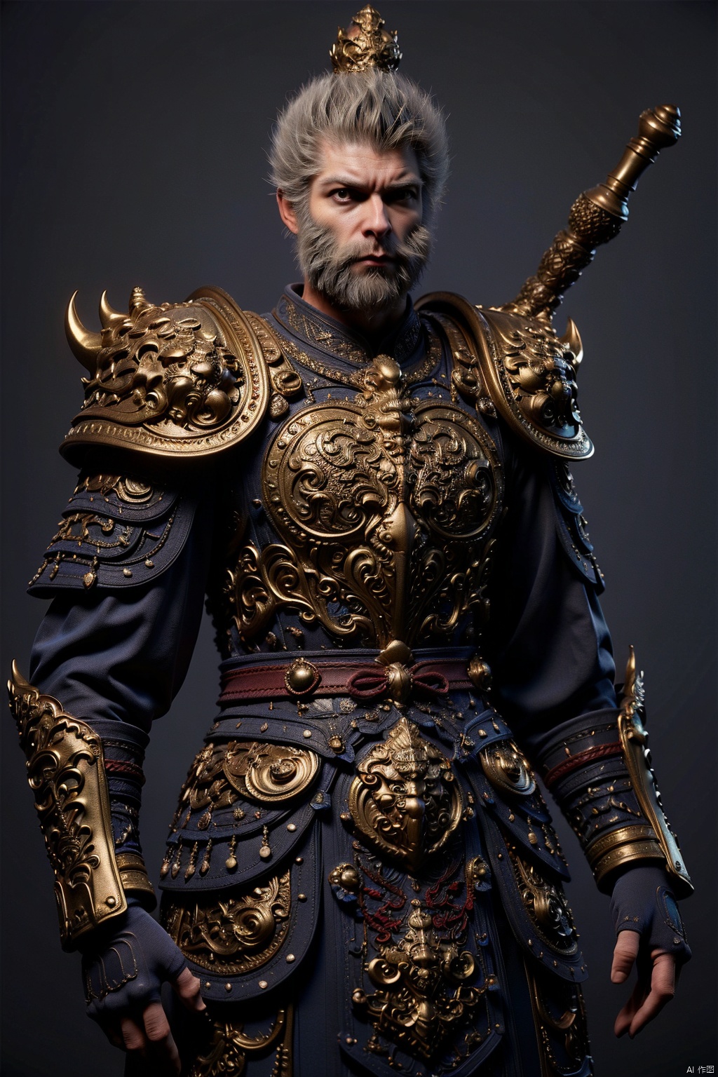 Monkey king, armor, solo, 1boy, male focus, weapon, beard, facial hair, fingerless gloves, sword, gloves, weapon on back, looking at viewer, shoulder armor, grey hair, closed mouth, standing, cowboy shot, simple background, black gloves, sheathed, breastplate, long sleeves
