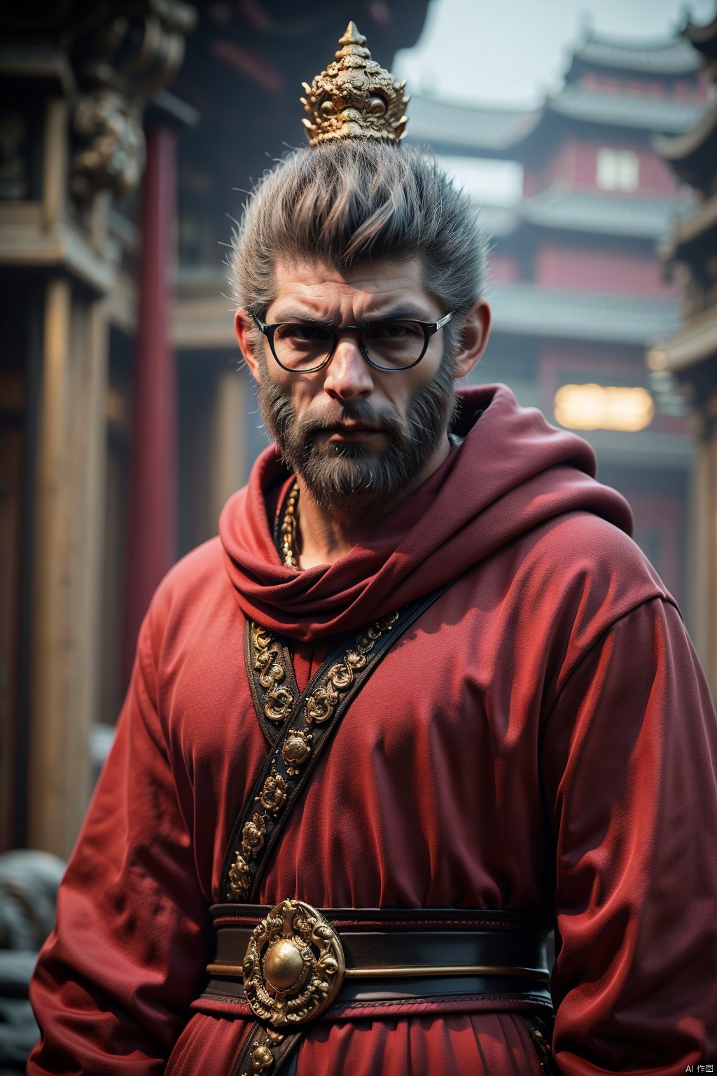 jqzx,Monkey king,1boy,male focus,solo,facial hair,blurry background,blurry,beard,hood,grey hair,looking at viewer,sunglasses,long sleeves,