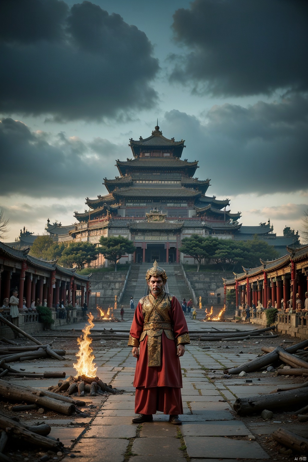 This poster depicts a powerful image of an ancient general. He is wearing a golden helmet. There are complex patterns and decorations on the helmet. His eyes are firm and powerful,as if he can penetrate the clouds and look straight ahead. The background is a turbulent sea and the dark sky,giving people a feeling of an upcoming storm. Below the picture,there is an ancient castle or fortress,it was surrounded by sea water and seemed to be under attack,and the whole scene was full of tension and war,The characters in this poster are all Chinese,and the castle is also a Chinese building,filled with smoke and flames,and the ruins of the castle,