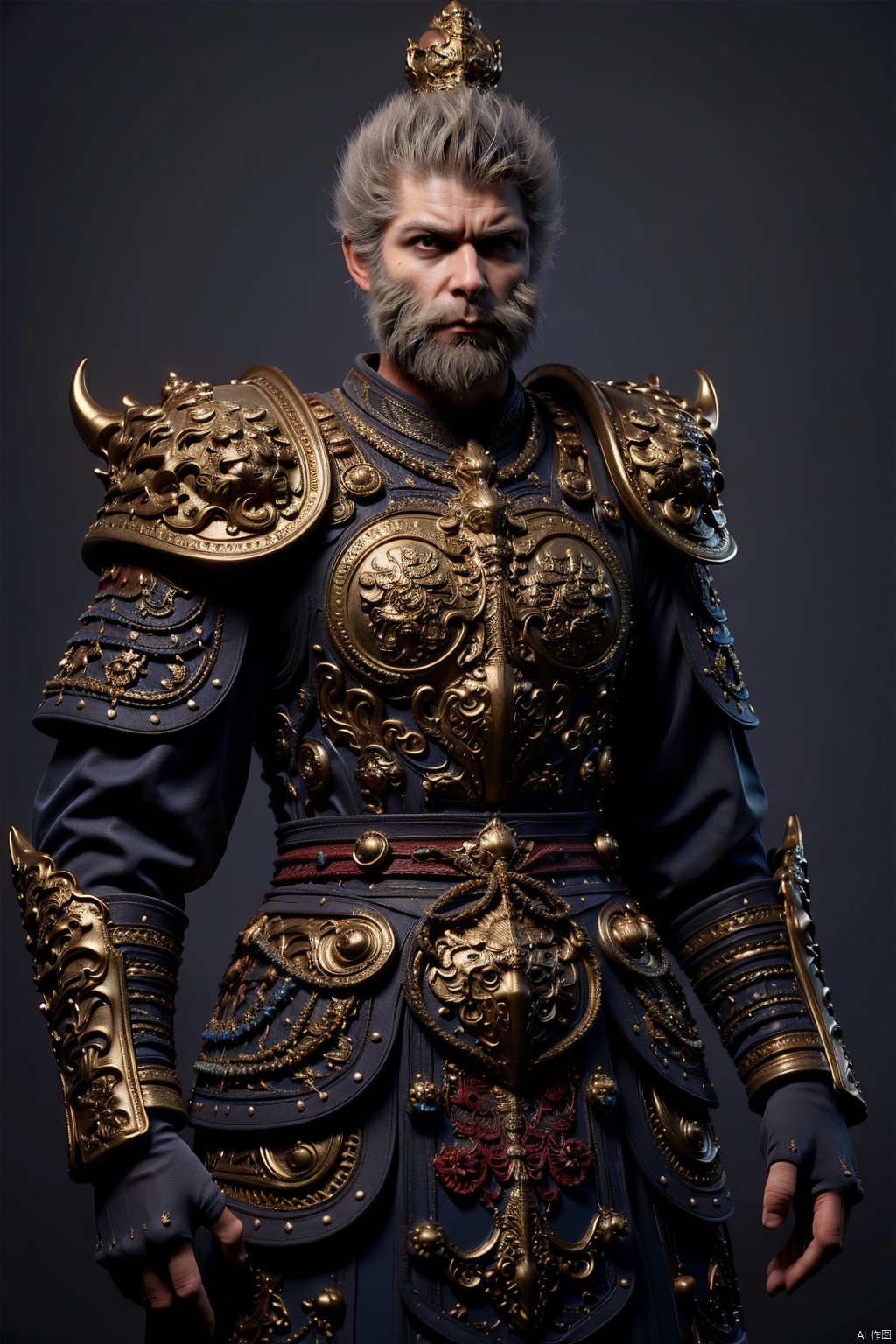 Monkey king, armor, solo, 1boy, male focus, weapon, beard, facial hair, fingerless gloves, sword, gloves, weapon on back, looking at viewer, shoulder armor, grey hair, closed mouth, standing, cowboy shot, simple background, black gloves, sheathed, breastplate, long sleeves