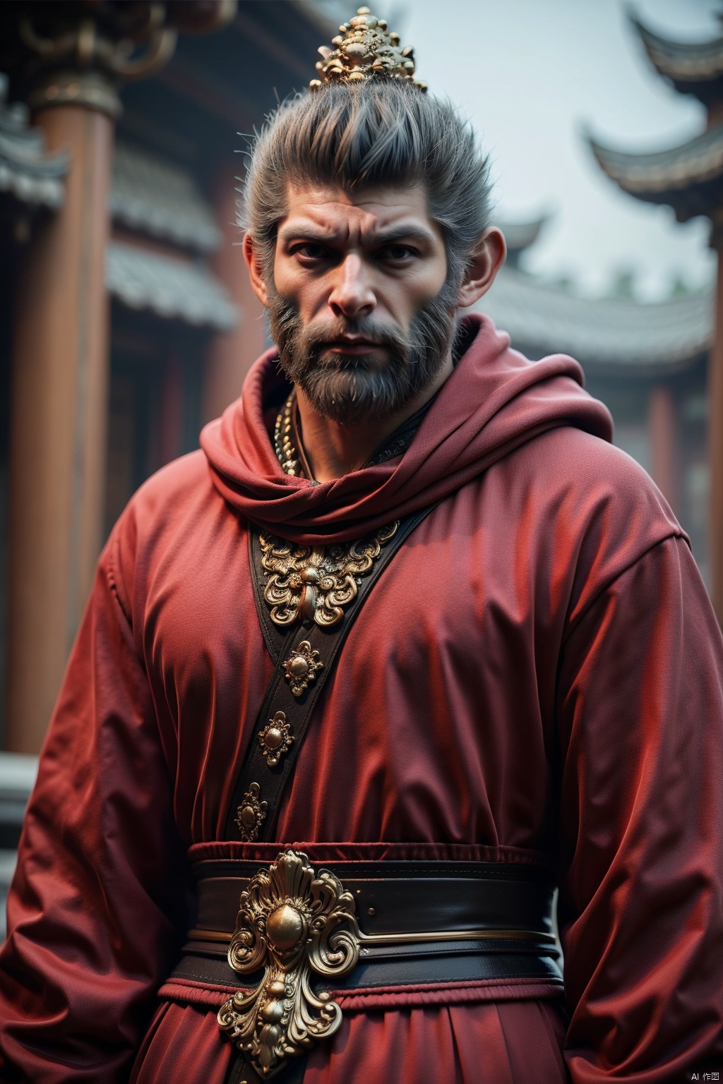jqzx,Monkey king,1boy,male focus,solo,facial hair,blurry background,blurry,beard,hood,grey hair,looking at viewer,sunglasses,long sleeves,
