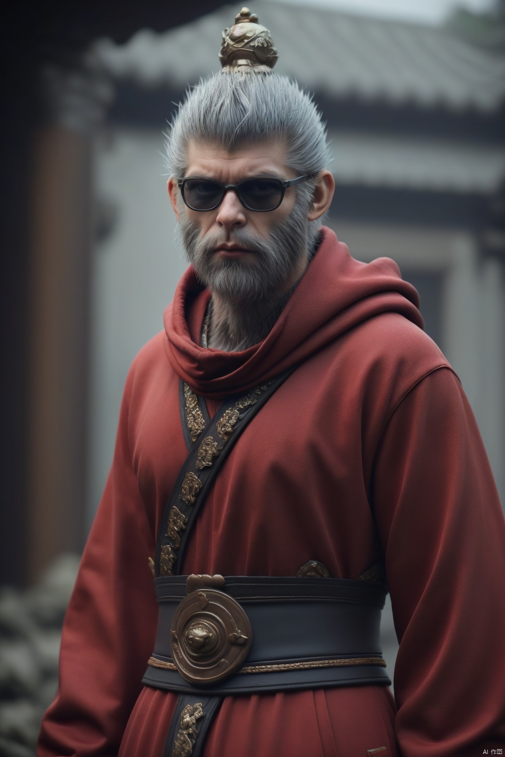 jqzx,Monkey king,1boy,male focus,solo,facial hair,blurry background,blurry,beard,hood,grey hair,looking at viewer,sunglasses,long sleeves,