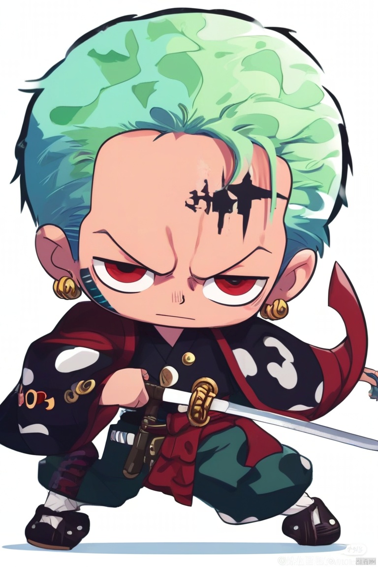 solo, looking at viewer, short hair, red eyes, 1boy, white background, holding, jewelry, full body, weapon, male focus, earrings, japanese clothes, green hair, sword, chibi, holding weapon, scar, holding sword, katana, sheath, scar on face, fighting stance, scar across eye, scar on chest, roronoa zoro