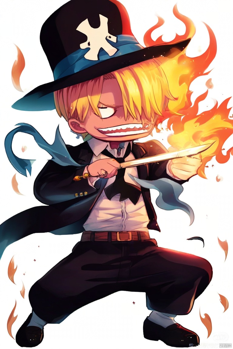 solo, looking at viewer, short hair, open mouth, blonde hair, simple background, long sleeves, 1boy, white background, full body, weapon, male focus, necktie, pants, sword, chibi, hair over one eye, formal, suit, fire, cigarette, sanji \(one piece\)