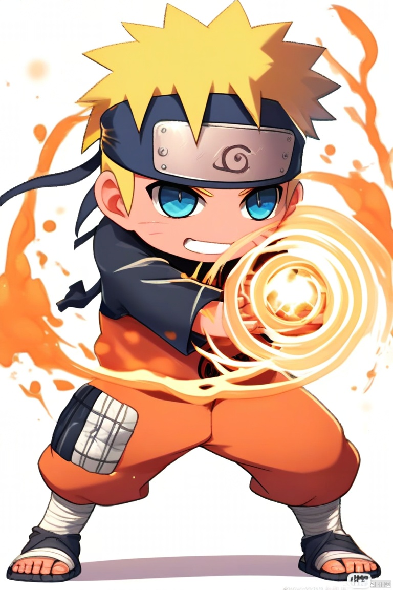 solo, looking at viewer, smile, short hair, blue eyes, blonde hair, long sleeves, 1boy, white background, closed mouth, jacket, full body, male focus, chibi, headband, facial mark, sandals, spiked hair, fighting stance, magic, whisker markings, male child, forehead protector, toeless footwear, energy, orange jacket, energy ball, konohagakure symbol, orange pants, uzumaki naruto