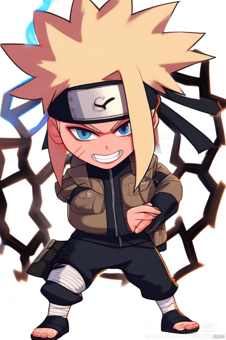 solo, long hair, looking at viewer, blonde hair, simple background, 1boy, white background, standing, jacket, full body, male focus, teeth, pants, artist name, chibi, headband, watermark, facial mark, sandals, clenched teeth, fishnets, fighting stance, electricity, ninja, forehead protector, toeless footwear, electrokinesis, konohagakure symbol