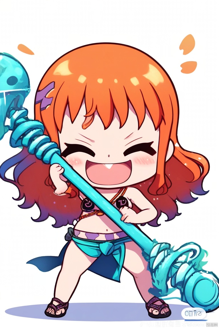 1girl, solo, long hair, looking at viewer, blush, smile, bangs, white background, holding, bare shoulders, brown eyes, jewelry, very long hair, standing, swimsuit, full body, bikini, earrings, chibi, twitter username, black footwear, orange hair, grin, bracelet, v-shaped eyebrows, orange eyes, tattoo, shadow, sandals, staff, holding staff, bangle, nami \(one piece\)