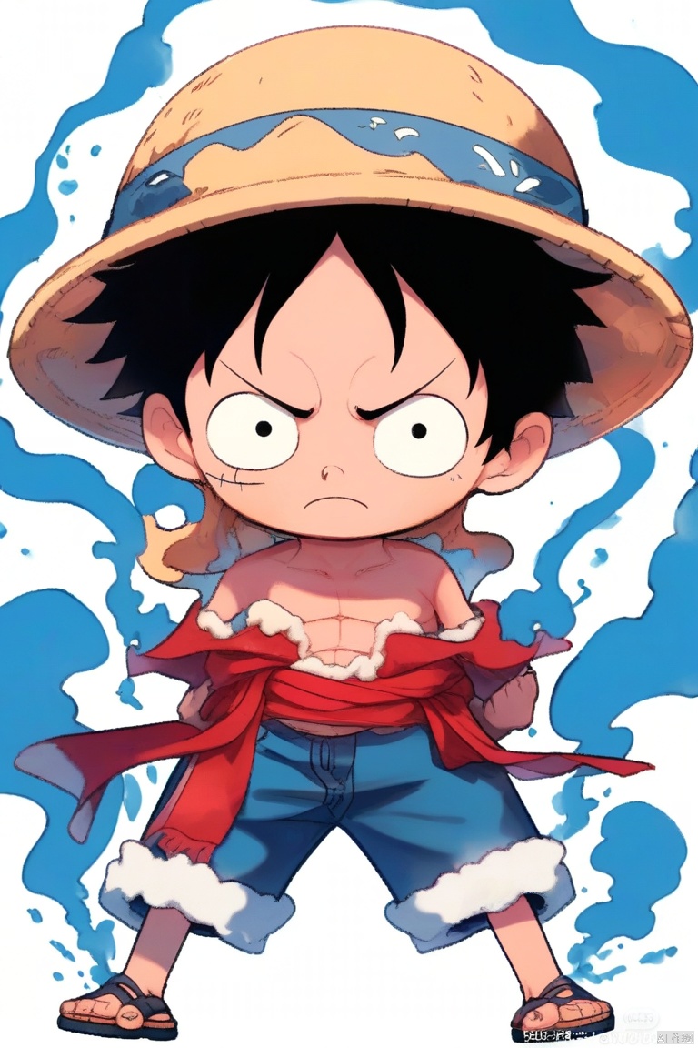solo, looking at viewer, simple background, shirt, black hair, 1boy, hat, white background, full body, male focus, open clothes, shorts, chibi, sash, open shirt, scar, sandals, clenched hands, smoke, blue shorts, straw hat, scar on chest, monkey d. luffy