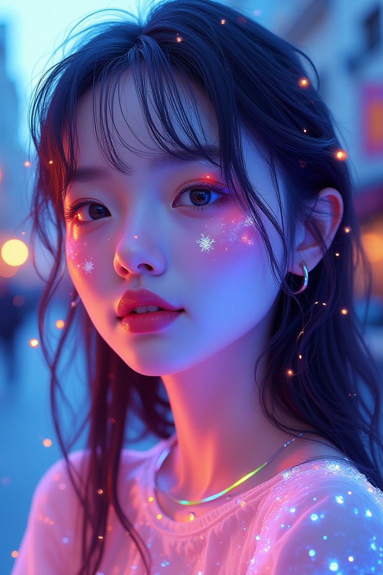 Capture a hyper-realistic 8K photo masterpiece featuring a beautiful face with translucent luminous qualities,  shot in na...