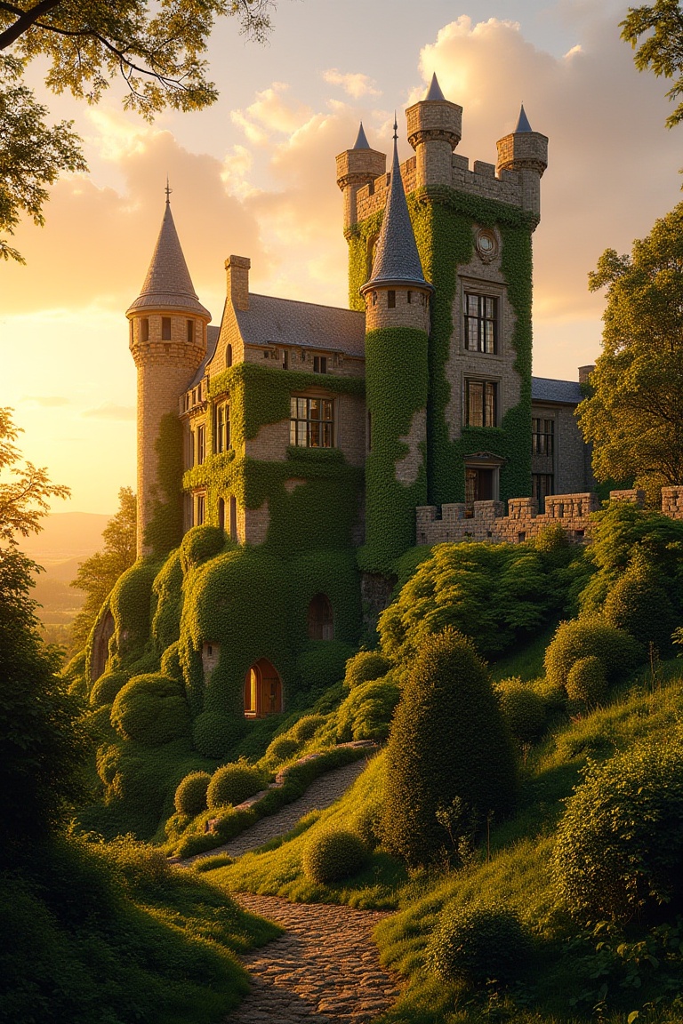 A grand ancient castle,  covered in lush green ivy,  stands majestically under the setting sun. The golden sunlight casts...