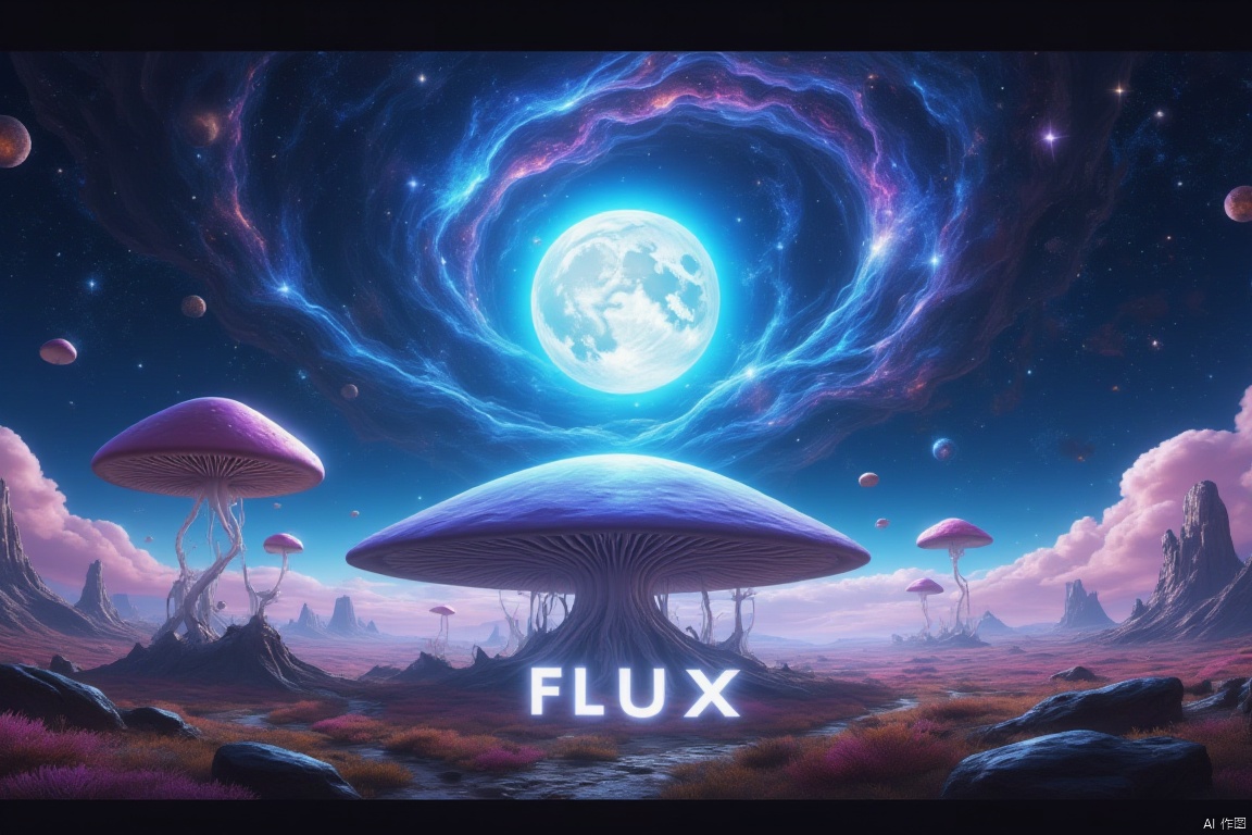 A galactic gateway unfurls beneath the starry night sky, where a luminous moon casts an ethereal glow. A fantastical landscape of swirling clouds and twinkling stars stretches outwards, as a majestic mushroom-like structure rises from the ground, its tendrils reaching for the cosmos. The bold title 'FLUX' dominates the bottom third of the frame, set against a gradient of deep blues and purples. Dense content bursts forth from the center, a vortex of swirling colors and textures that seems to defy gravity. Captured by AI lens using a 35mm f/2.0 wide-angle lens, this otherworldly scene transports viewers to a realm where fantasy and reality blur.