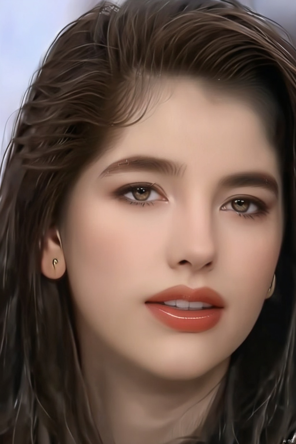 1girl solo long hair brown hair black hair jewelry earrings lips looking up realistic