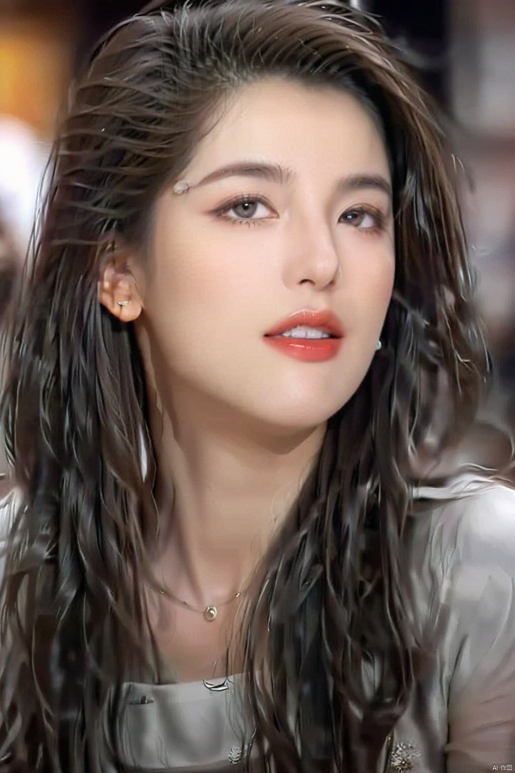 1girl solo long hair brown hair black hair jewelry earrings lips looking up realistic