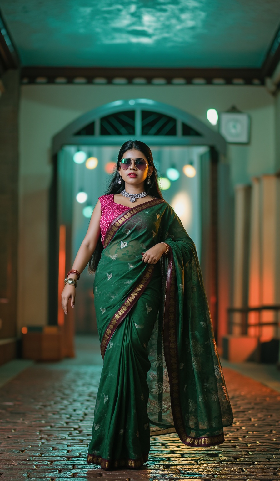"An Indian woman in a green saree adorned with delicate maroon patterns stands on a cobblestone path. The saree,  paired w...