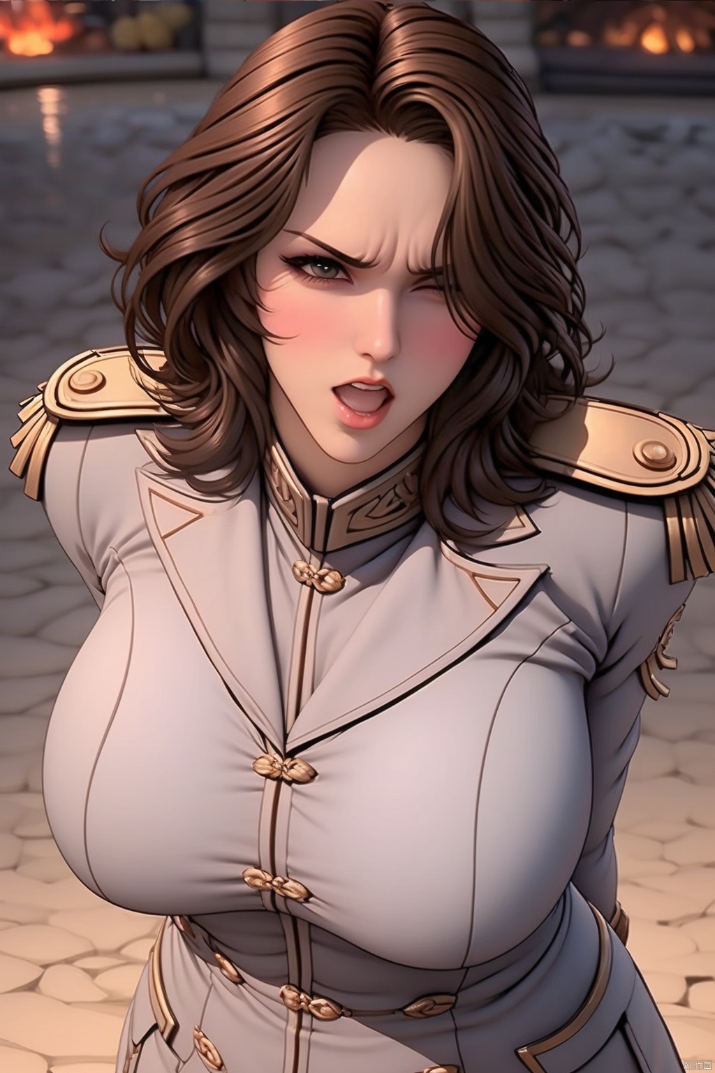 A dramatic image of a solo female figure, dressed in a military uniform with epaulets and long brown hair framing her face, partially covering one eye. Her large breasts are accentuated as she stands with her arms bound behind her back, a fiery blush spreading across her cheeks. Her open mouth is frozen in an angry expression, the only hint of resistance against the restraints. The dim lighting emphasizes the dark colors of her uniform and highlights her striking features.