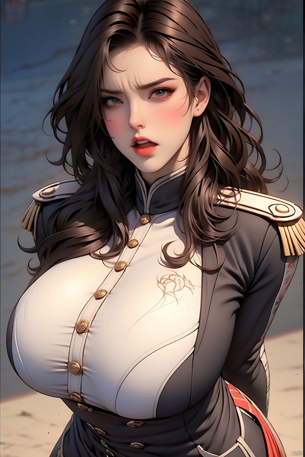 A dramatic image of a solo female figure, dressed in a military uniform with epaulets and long brown hair framing her face, partially covering one eye. Her large breasts are accentuated as she stands with her arms bound behind her back, a fiery blush spreading across her cheeks. Her open mouth is frozen in an angry expression, the only hint of resistance against the restraints. The dim lighting emphasizes the dark colors of her uniform and highlights her striking features.