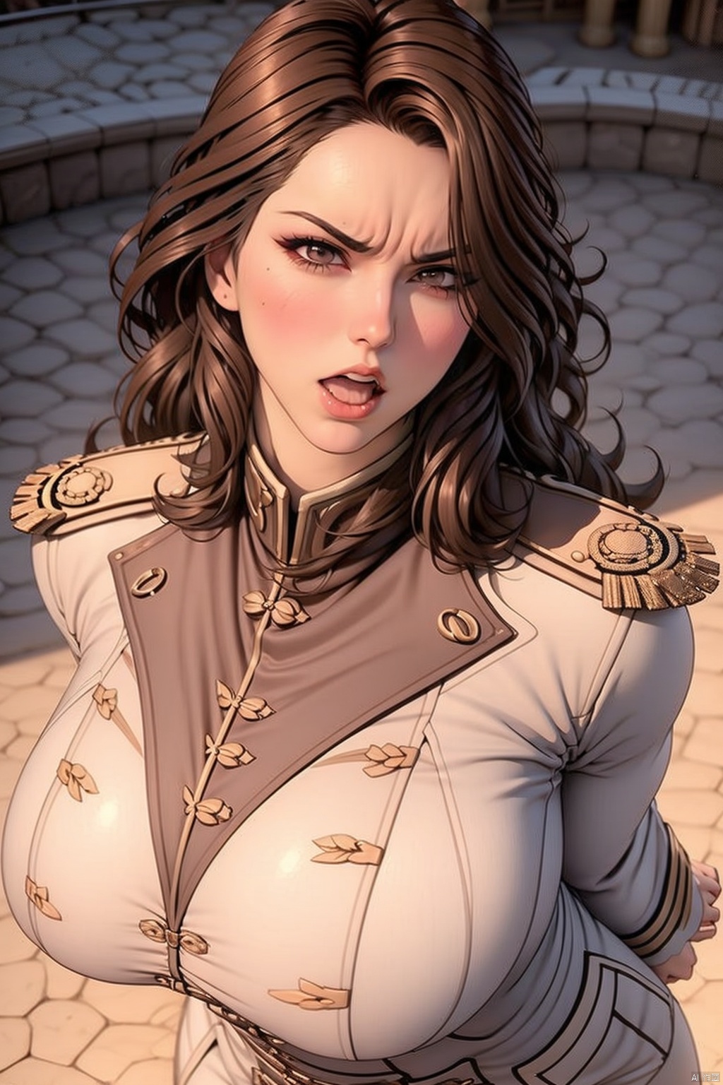 A dramatic image of a solo female figure, dressed in a military uniform with epaulets and long brown hair framing her face, partially covering one eye. Her large breasts are accentuated as she stands with her arms bound behind her back, a fiery blush spreading across her cheeks. Her open mouth is frozen in an angry expression, the only hint of resistance against the restraints. The dim lighting emphasizes the dark colors of her uniform and highlights her striking features.