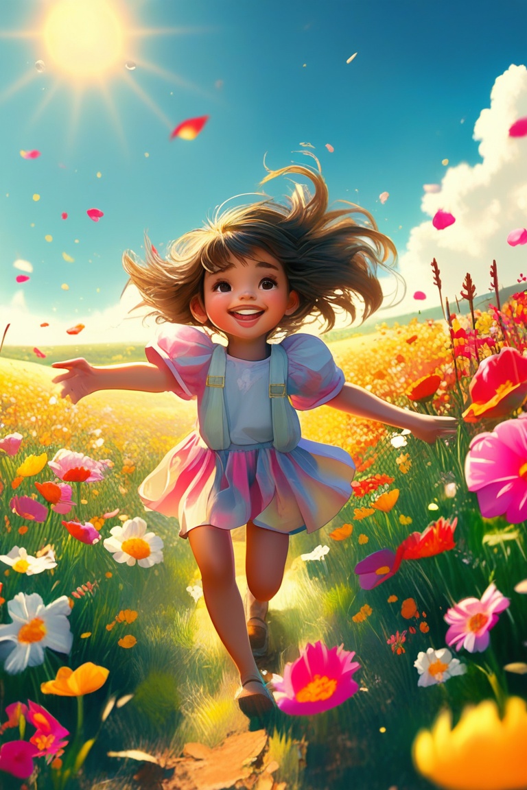 A vibrant scene of a happy little girl running joyously through a field of colorful flowers, under a bright sunny sky. The composition captures her mid-stride, with her arms outstretched and a wide smile on her face. The flowers are in full bloom, creating a cheerful and lively atmosphere. Soft, natural lighting enhances the joyful mood of the image