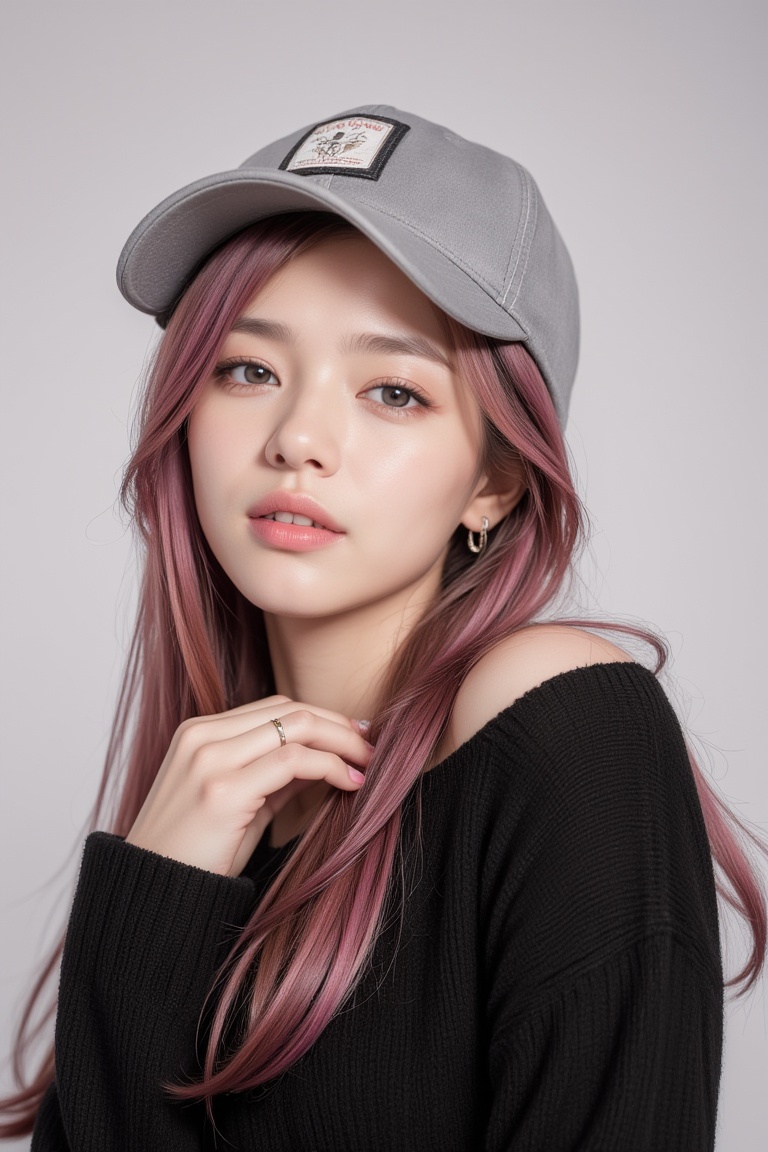 1girl, solo, long hair, looking at viewer, red eyes, hat, hair between eyes, closed mouth, jewelry, bare shoulders, upper body, pink hair, earrings, pink eyes, off shoulder, from below, lips, ear piercing, baseball cap, hair behind ear, black sweater,
