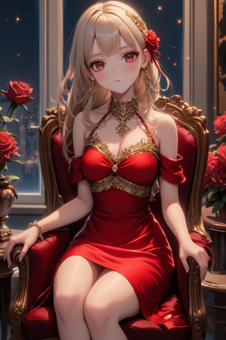 A very beautiful girl,  elegant outfit (golden neckable,  red evening dress on Tensor.Art