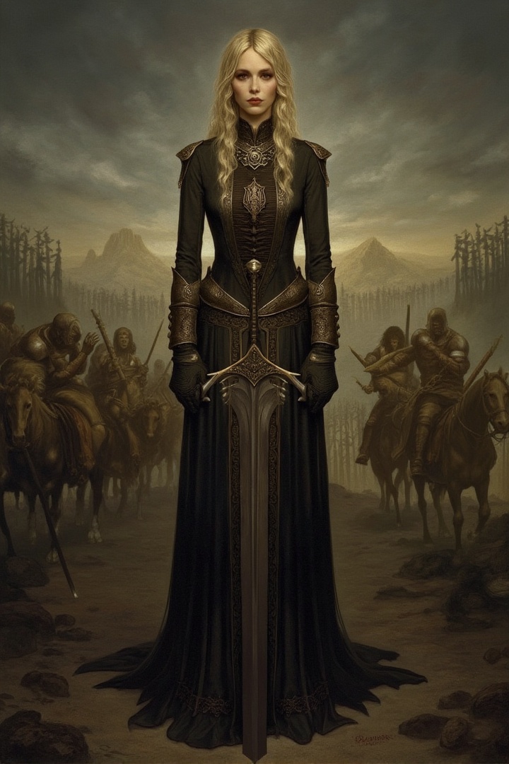 a woman,  holding a sword,  middle-earth war scene in the background on Tensor.Art