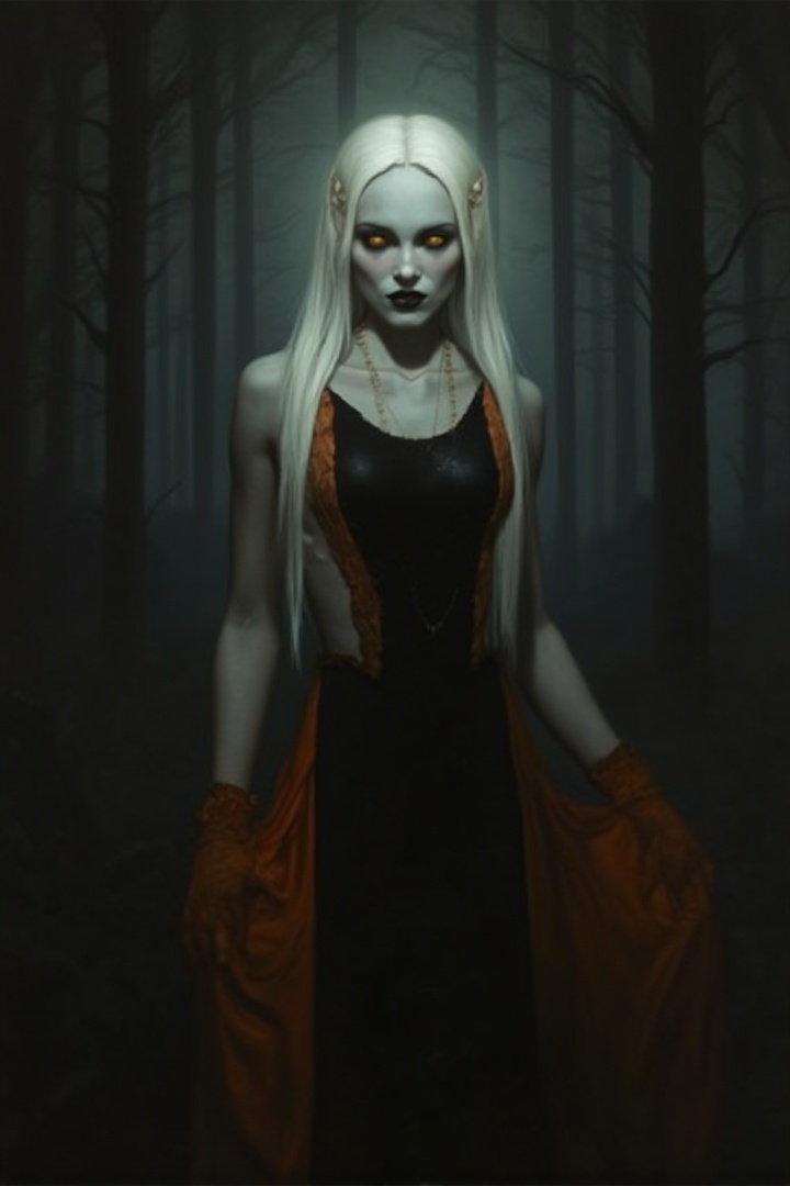 a female creature of the night,  looms sexy in the shadows,  pale skin color on Tensor.Art
