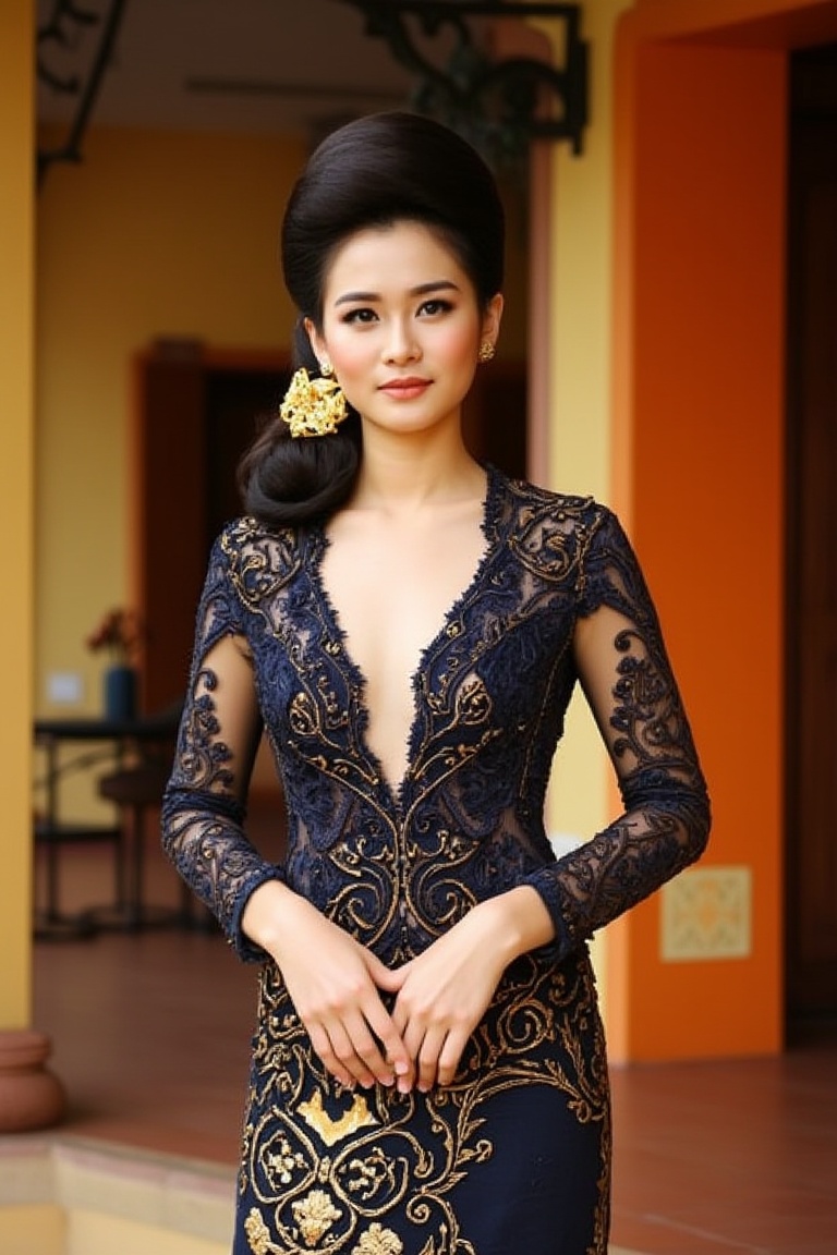A stunning scene unfolds as one Korean girl pose against the vibrant backdrop of a Javanese house. wear a unique yet harmo...