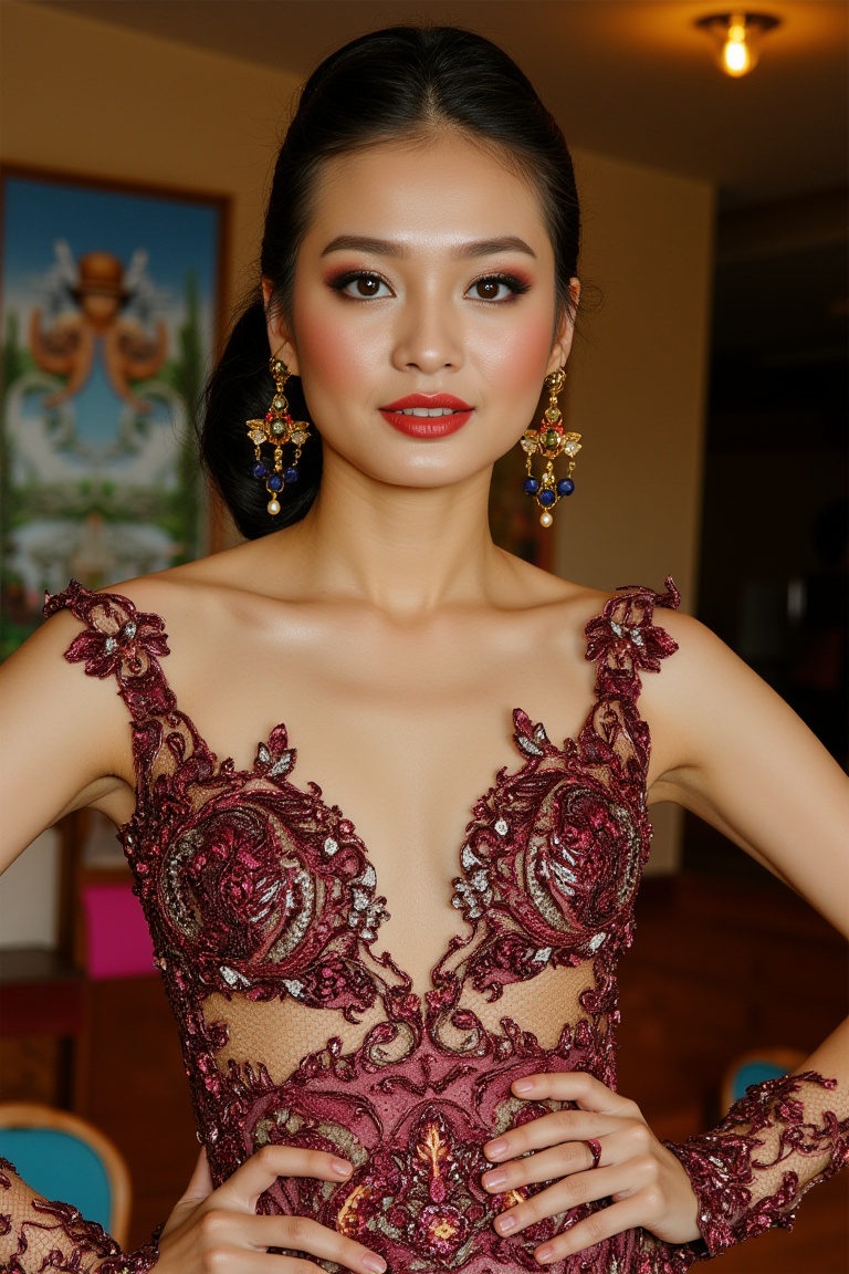 A stunning scene unfolds as one Korean girl pose against the vibrant backdrop of a Javanese house. wear a unique yet harmo...