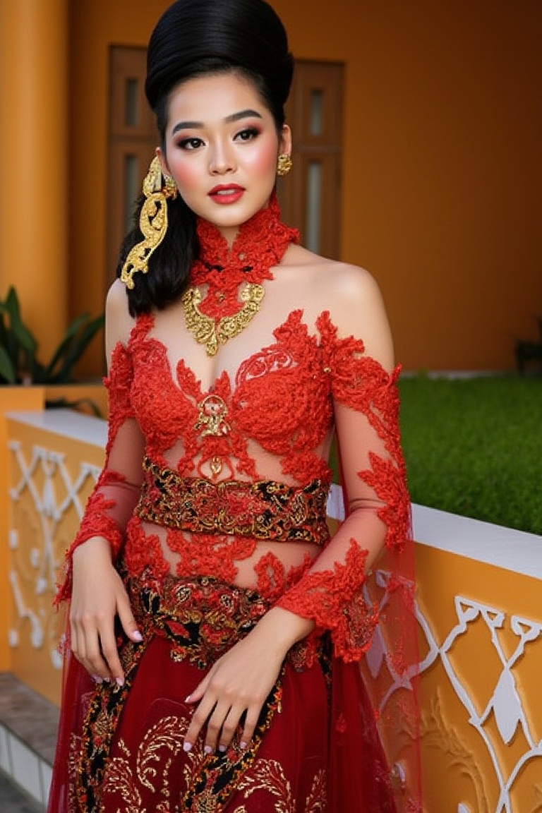 A stunning scene unfolds as one Korean girl pose against the vibrant backdrop of a Javanese house. wear a unique yet harmo...