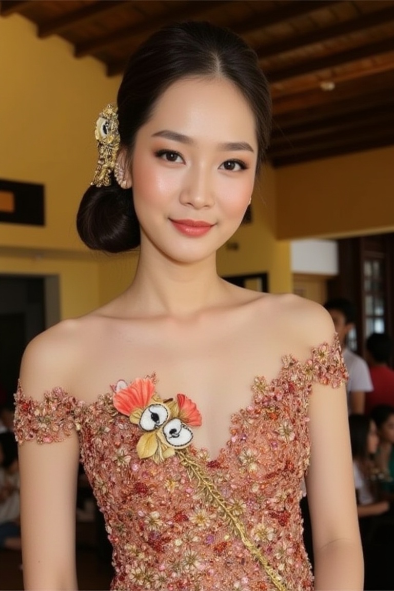 A stunning scene unfolds as one Korean girl pose against the vibrant backdrop of a Javanese house. wear a unique yet harmo...