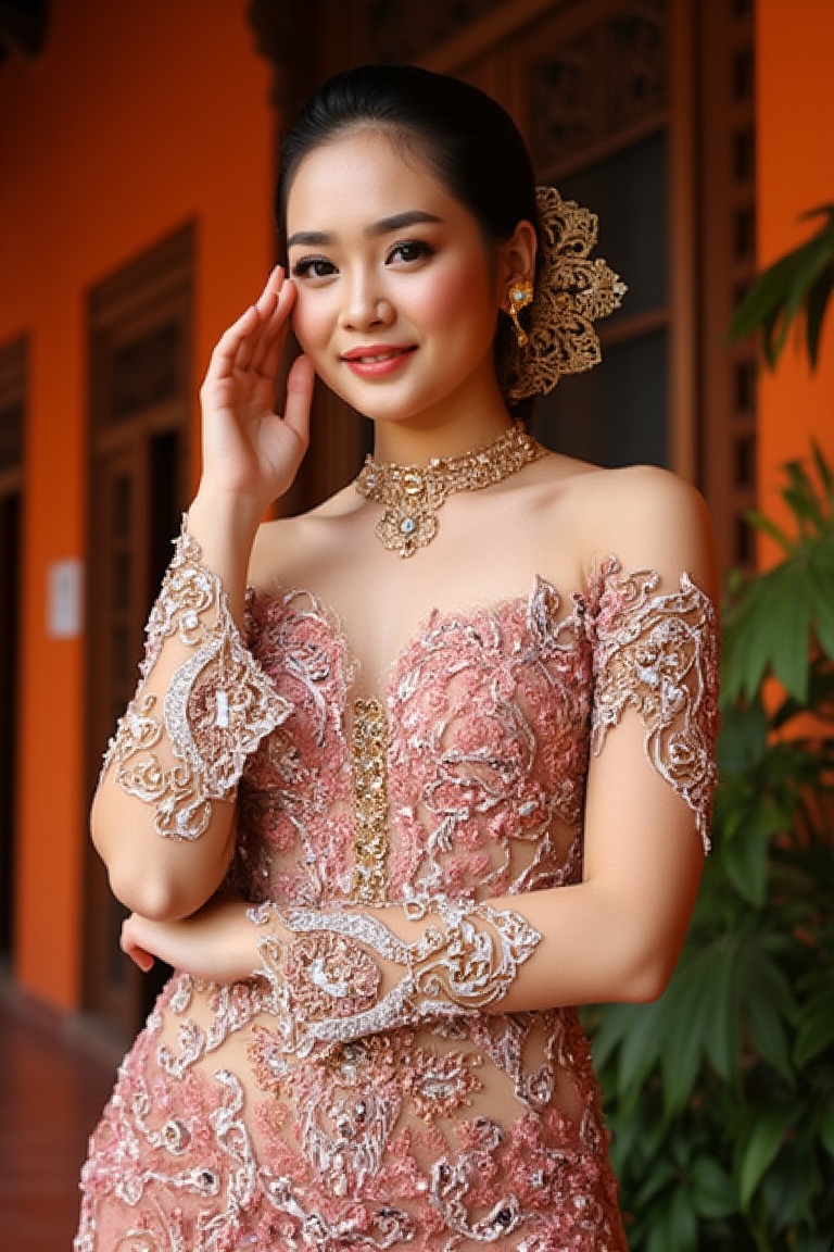 A stunning scene unfolds as one Korean girl pose against the vibrant backdrop of a Javanese house. wear a unique yet harmo...