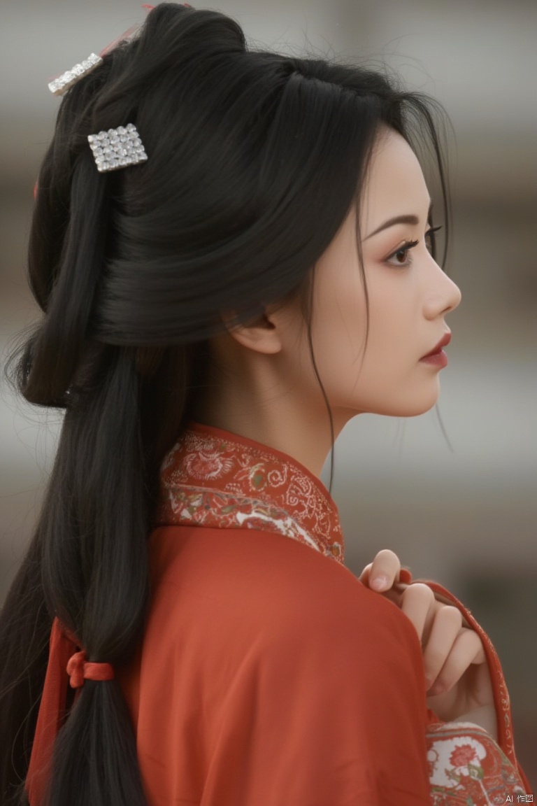 1girl, solo, long hair, black hair, hair ornament, long sleeves, dress, upper body, braid, blurry, from side, profile, chinese clothes, hair rings, realistic, black lips