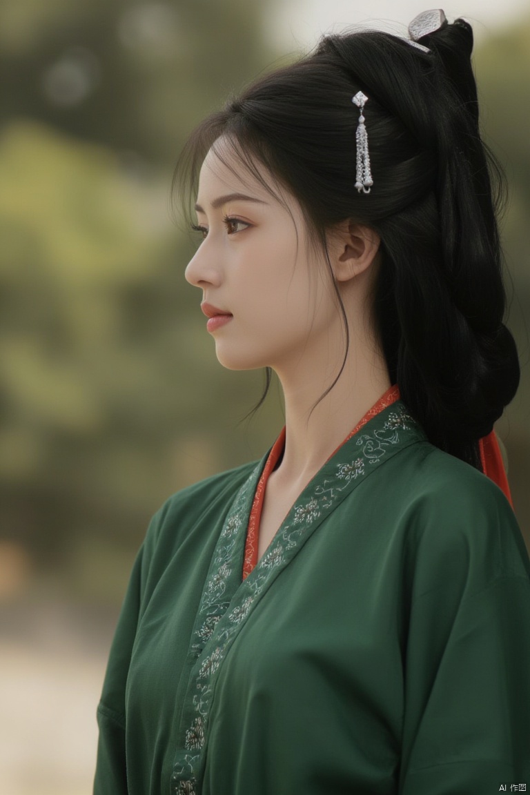 1girl, solo, long hair, black hair, hair ornament, long sleeves, dress, upper body, braid, blurry, from side, profile, chinese clothes, hair rings, realistic, red lips