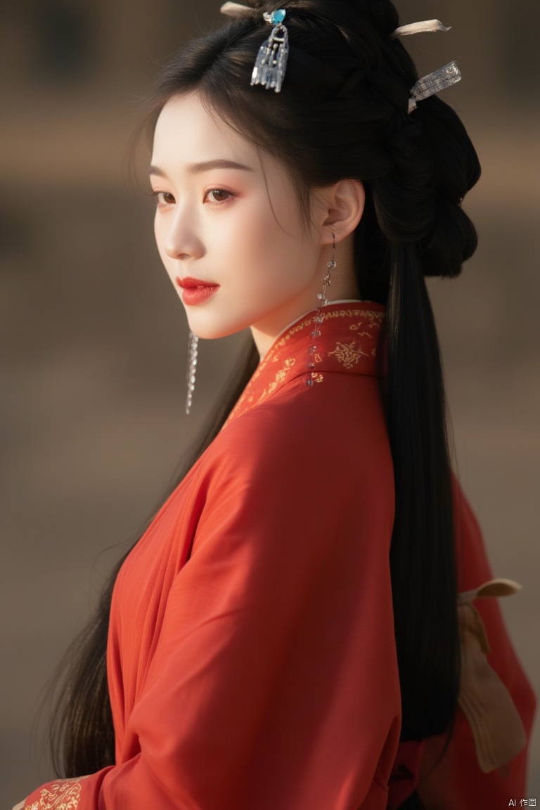 1girl, solo, long hair, black hair, hair ornament, long sleeves, dress, upper body, braid, blurry, from side, profile, chinese clothes, hair rings, realistic, red lips