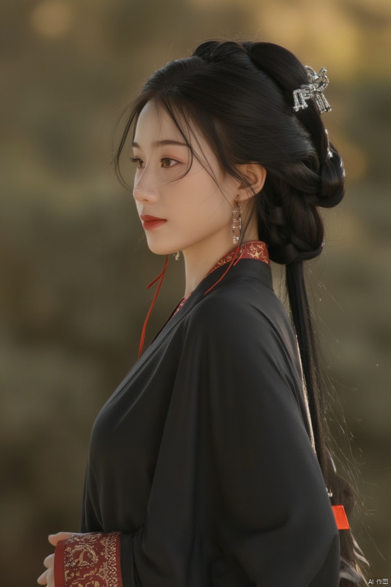 1girl, solo, long hair, black hair, hair ornament, long sleeves, dress, upper body, braid, blurry, from side, profile, chinese clothes, hair rings, realistic, red lips