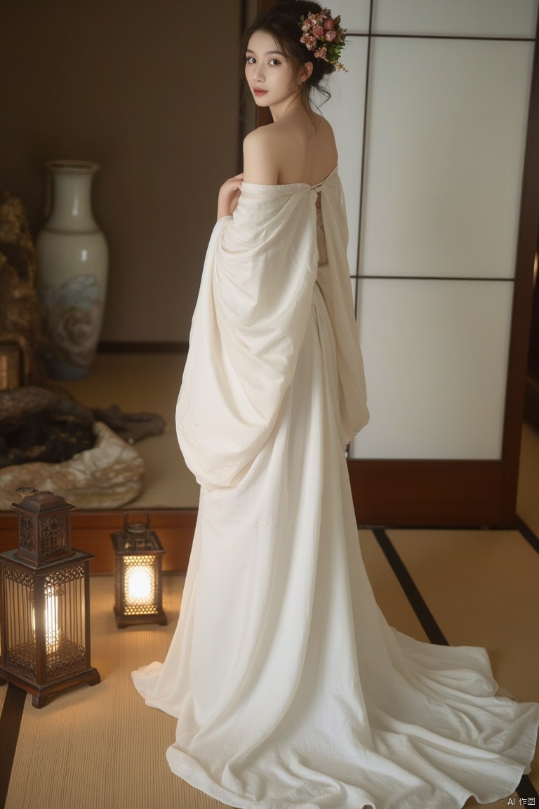 1girl, solo, looking at viewer, brown hair, hair ornament, dress, bare shoulders, brown eyes, standing, full body, flower, indoors, hair flower, off shoulder, white dress, lantern, realistic, long dress, vase