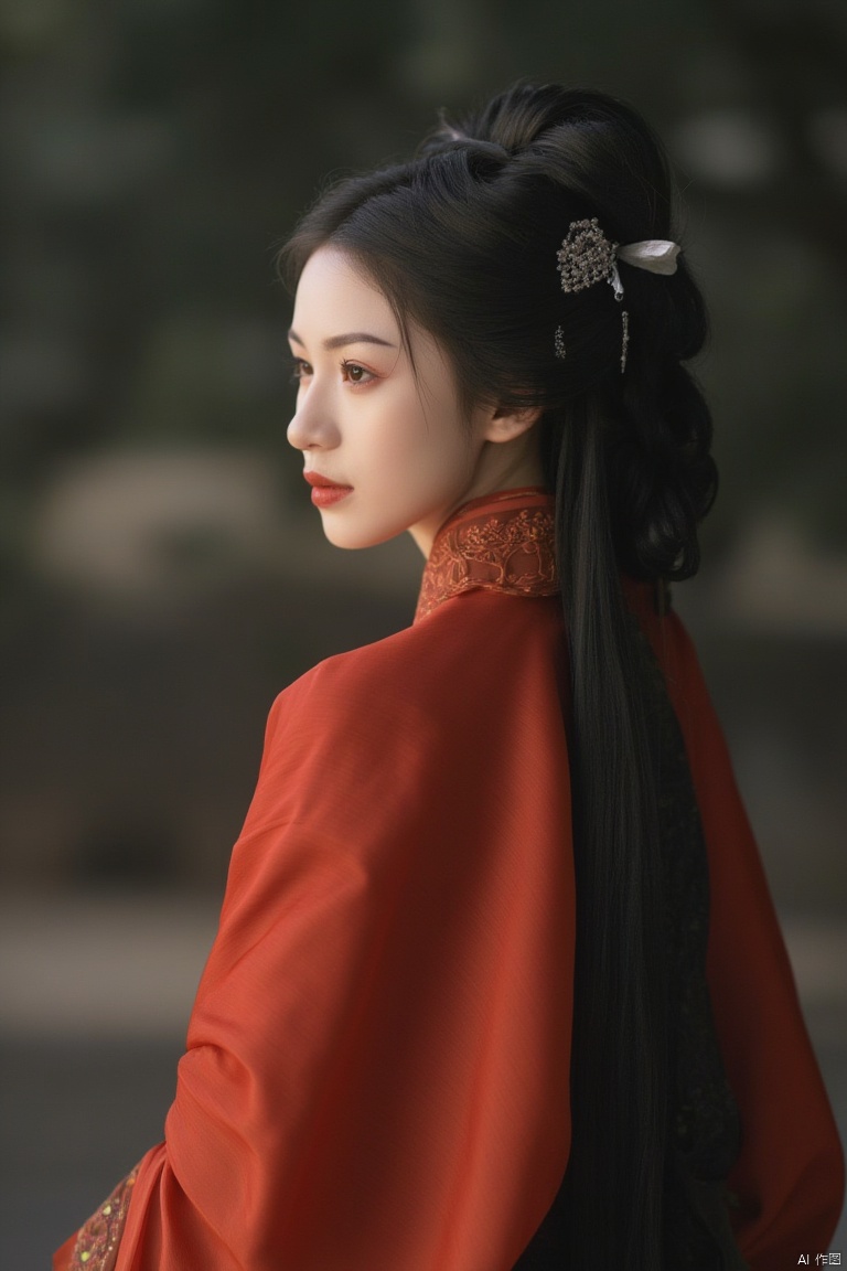 1girl, solo, long hair, black hair, hair ornament, long sleeves, dress, upper body, braid, blurry, from side, profile, chinese clothes, hair rings, realistic, red lips