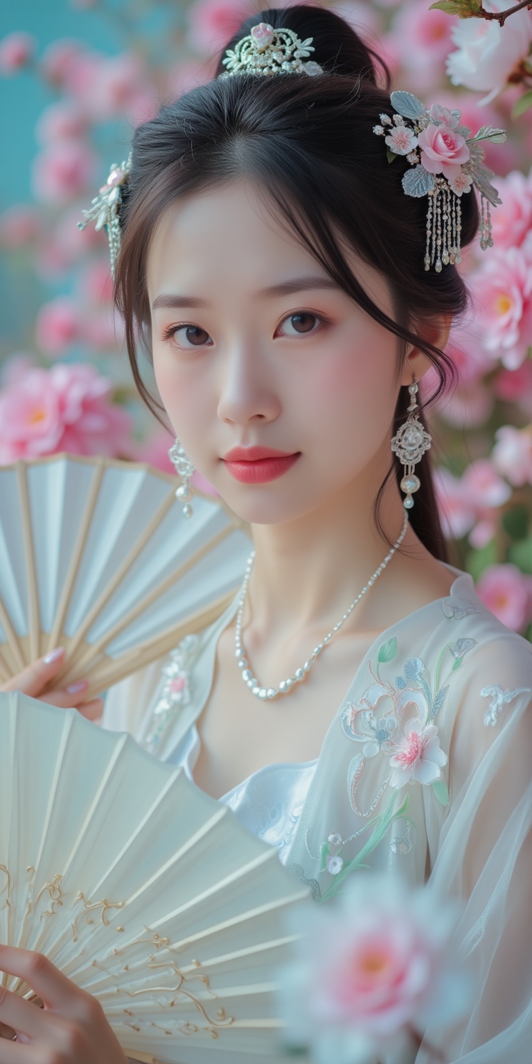 A close-up waist shot of a Asian woman in a white chinese clothes with a silver necklace and earrings. She is holding a wh...