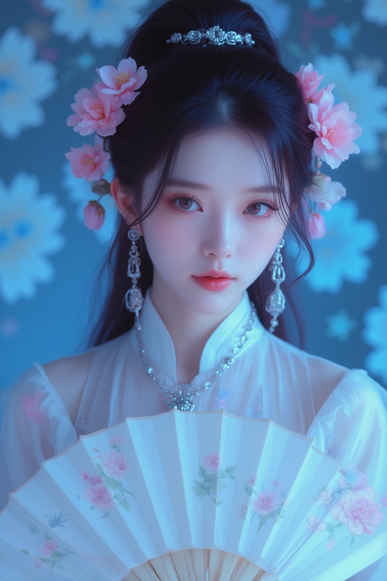 A close-up waist shot of a Asian woman in a white chinese clothes with a silver necklace and earrings. She is holding a wh...