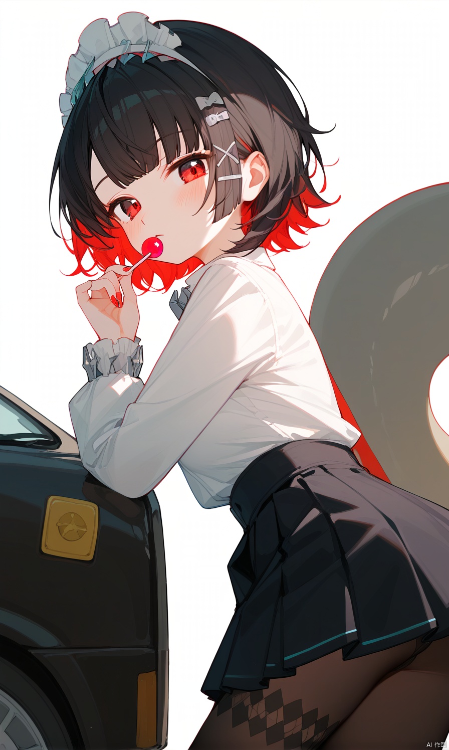   (score_9,score_8_up,score_7_up),1girl,(masterpiece:1.3),( beautiful:1.2),(high quality:1.2),(finely detailed:1.2),extremely detailed CG unity 8k wallpaper,best quality,a very delicate and beautiful,perfect fingers,(one cute girl at the center:1.2),
1girl, solo, breasts, looking at viewer, blush, short hair, bangs, skirt, simple background, shirt, black hair, hair ornament, red eyes, long sleeves, white background, holding, medium breasts, closed mouth, school uniform, white shirt, flower, pantyhose, pleated skirt, food, miniskirt, black skirt, nail polish, from side, black pantyhose, leaning forward, holding food, ground vehicle, candy, red nails, motor vehicle, lollipop, holding flower, holding candy, holding lollipop,ellen