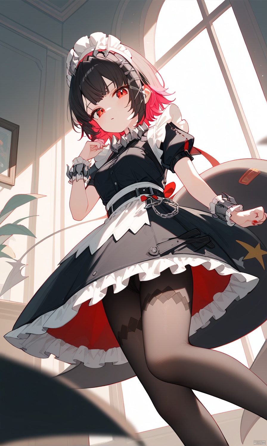   (score_9,score_8_up,score_7_up),
1girl,solo,(masterpiece:1.3),( beautiful:1.2),(high quality:1.2),(finely detailed:1.2),extremely detailed cg unity 8k wallpaper,best quality,a very delicate and beautiful,perfect fingers,(one cute girl at the center:1.2), 1girl, solo, breasts, looking at viewer, short hair, bangs, medium breasts, black hair, red eyes, dress, standing, cowboy_shot, pink hair, short sleeves, pantyhose, red hair, multicolored hair, frills, puffy sleeves, indoors, black footwear, apron, black dress, high heels, two-tone hair, wrist cuffs, black pantyhose, maid, maid headdress, white apron, maid apron, ((black tail))