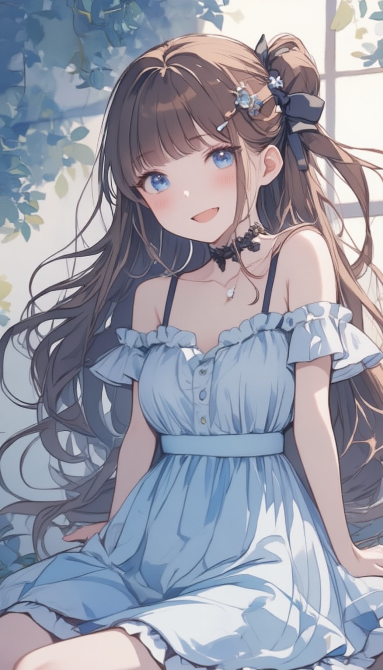 In a soft focus watercolor painting,  a single girl poses solo in the center of the frame. She wears a stunning light blue...