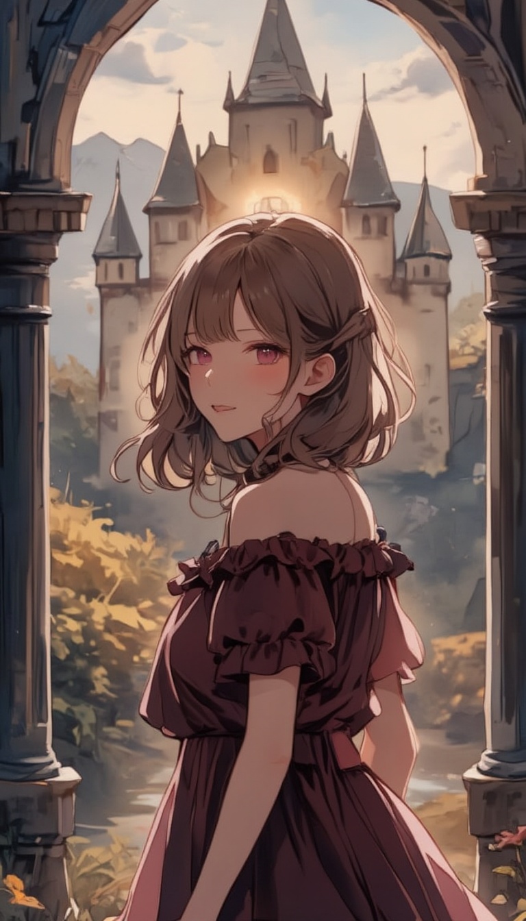 beautifl portrait,  a woman backward seein a beautiful castle on the background.luminous,  beautiful on Tensor.Art