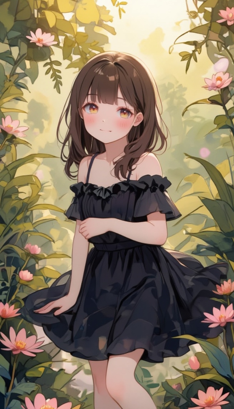 A whimsical princess,  radiating an air of innocence and charm,  stands amidst a vibrant flower garden bathed in warm suns...