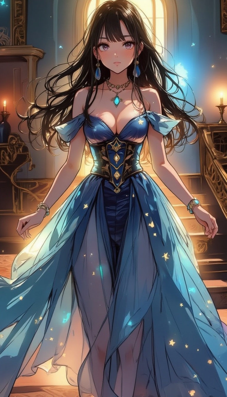 A majestic anime heroine descends the grand staircase,  surrounded by an ethereal glow. Her stunning starry sky dress with...