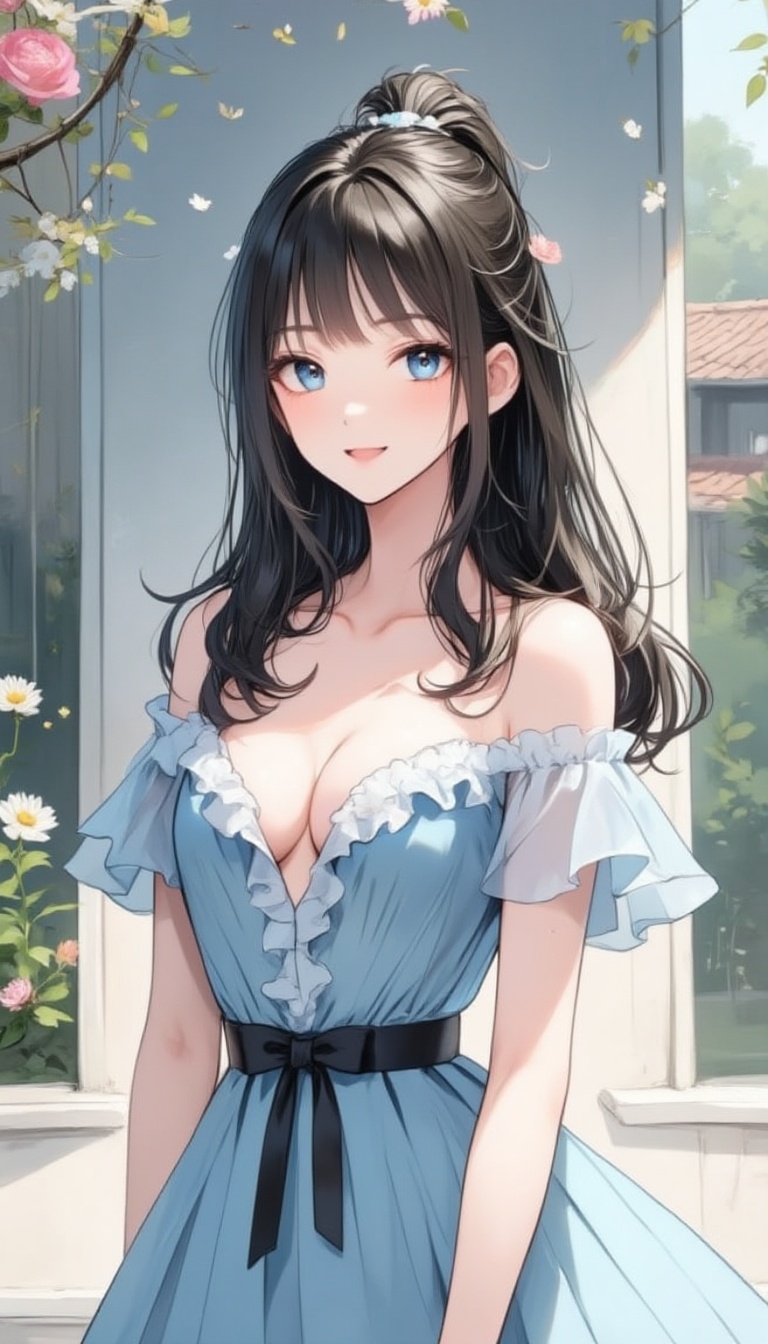 In a soft focus watercolor painting,  a single girl poses solo in the center of the frame. She wears a stunning light blue...