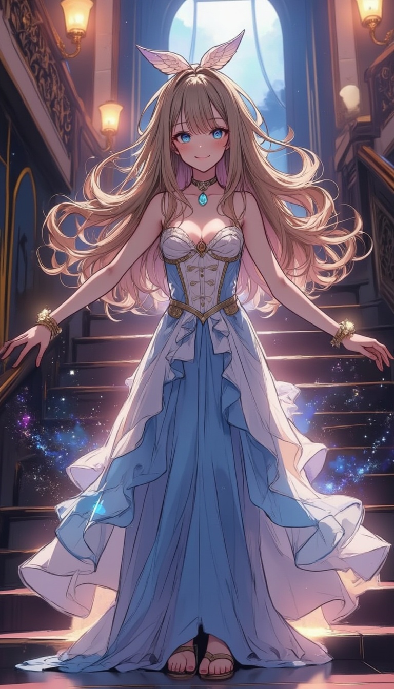 A majestic anime heroine descends the grand staircase,  surrounded by an ethereal glow. Her stunning starry sky dress with...